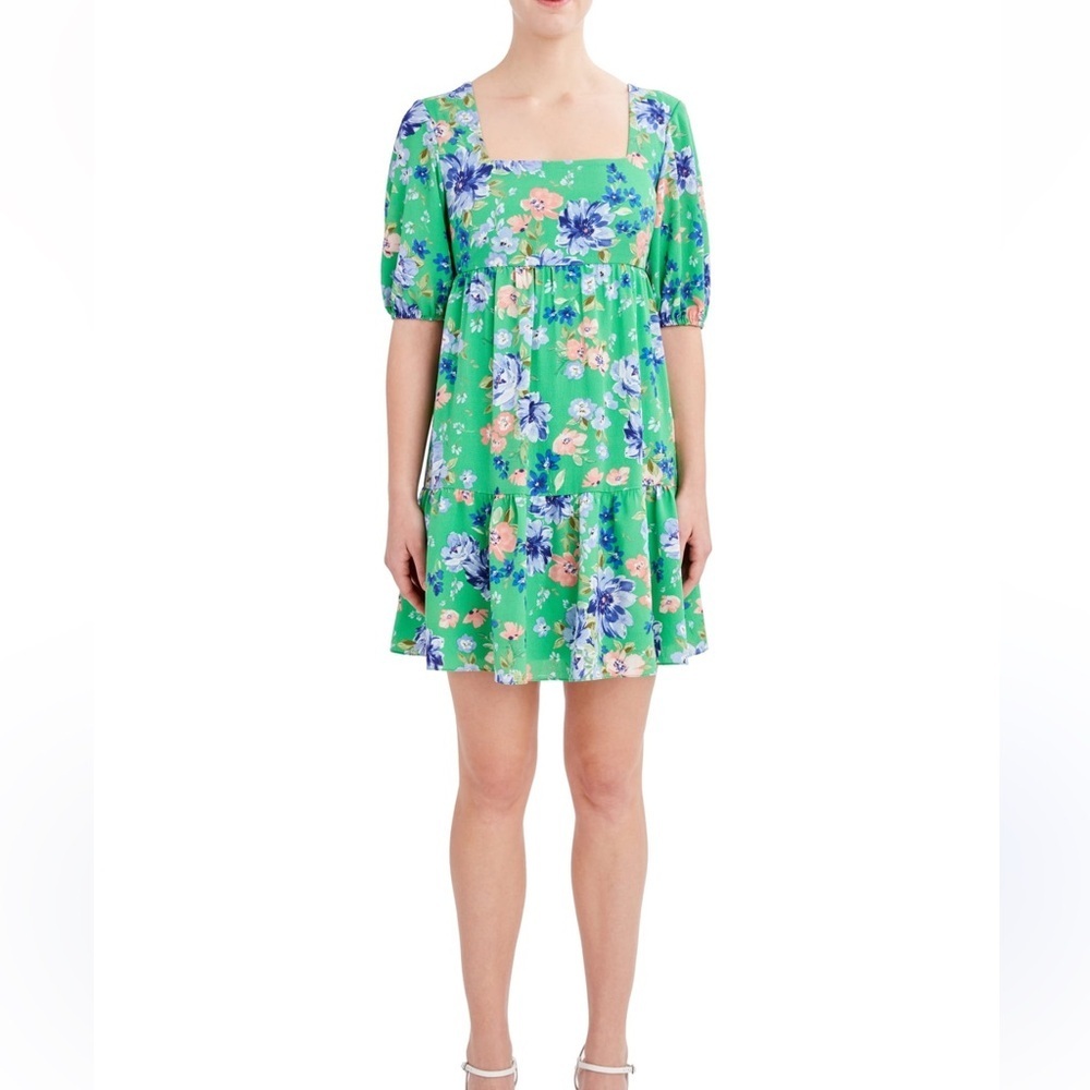 BCBG Paris Green Dress with Pink Floral Design large - ruffled bottom